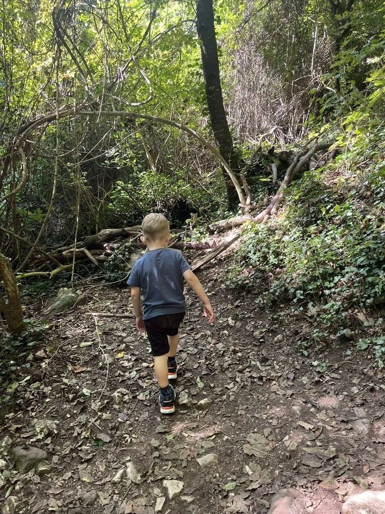 Kind wandert auf dem Waldweg durch die Klamm